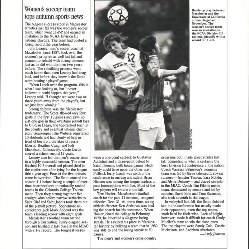 Women's soccer team tops autumn sports news article in Macalester Today, Feb 1990